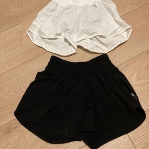Lululemon white hottie hot shorts size 0, black tracker shorts size 0, low rise